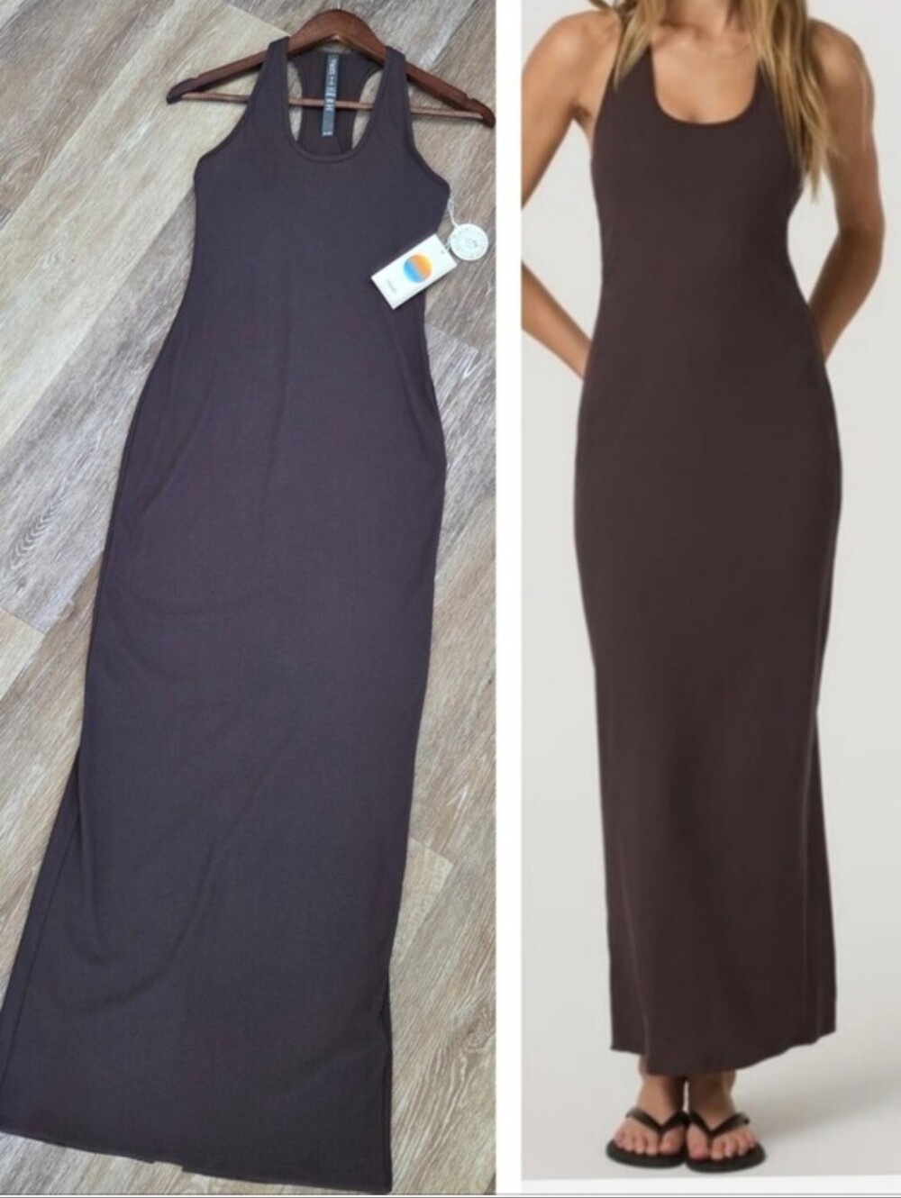 Vuori Pose Scoop Racerback Maxi Dress NWT French Roast Ribbed Casual Vacay HTF
